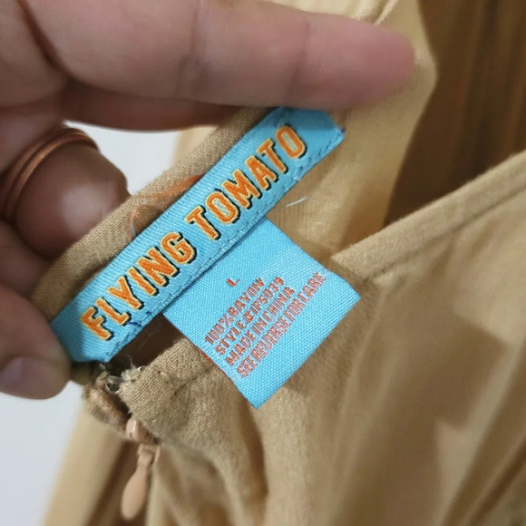 FLYING TOMATO Halter Neck Embroidered Khaki Wide Leg Jumpsuit, High Low Hem, L - Picture 6 of 16